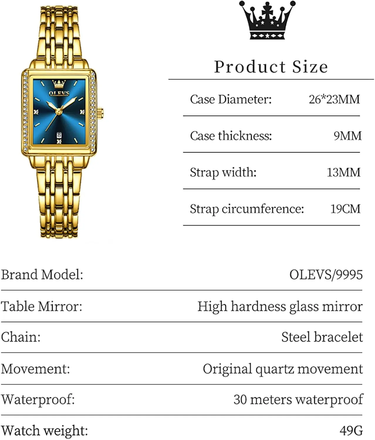 Gold Stainless Steel Bracelet Ladies Small Face Watches, Dainty pilot sew essential telescope spark Waterproof Women's Wrist Watches with Date, Gold/Black/White/Blue/Green Dial OLEVS Square Watches for Women, 