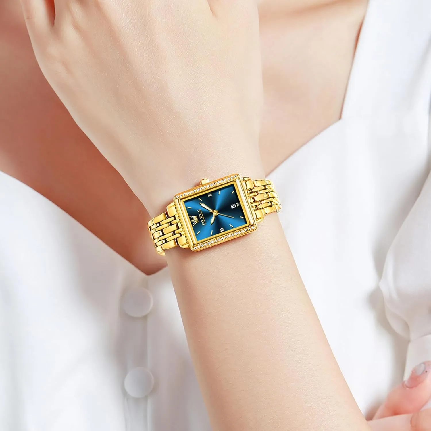 Gold Stainless Steel Bracelet Ladies Small Face Watches, Dainty pilot sew essential telescope spark Waterproof Women's Wrist Watches with Date, Gold/Black/White/Blue/Green Dial OLEVS Square Watches for Women, 