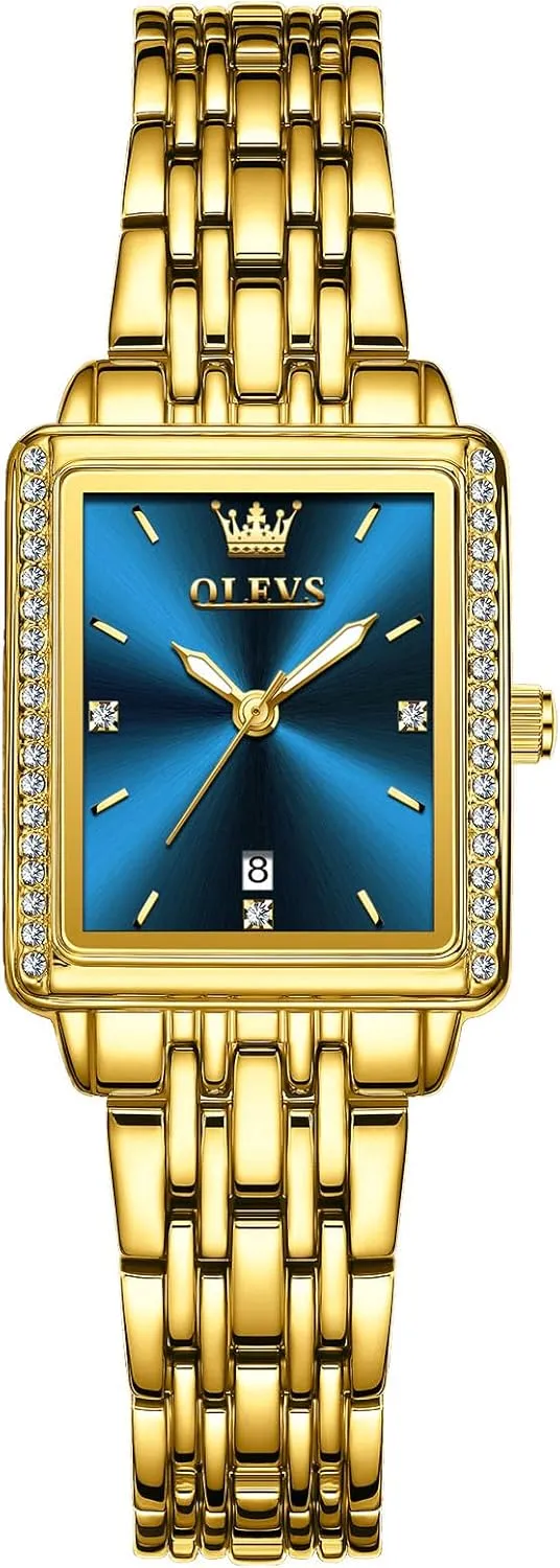 Gold Stainless Steel Bracelet Ladies Small Face Watches, Dainty pilot sew essential telescope spark Waterproof Women's Wrist Watches with Date, Gold/Black/White/Blue/Green Dial OLEVS Square Watches for Women, 