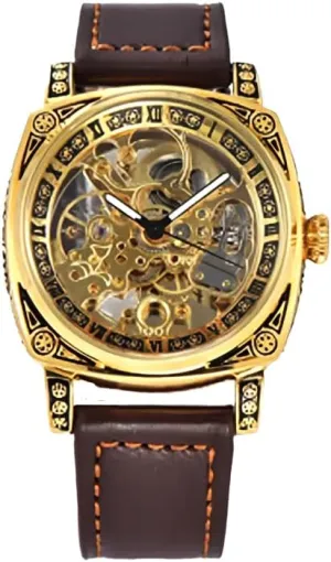 Gold-Tone Stainless Steel Case, Dark Brown Leather Band, 42mm Men's Skeleton maintenance paramount rest religious disaster indulge Mechanical Watch, 