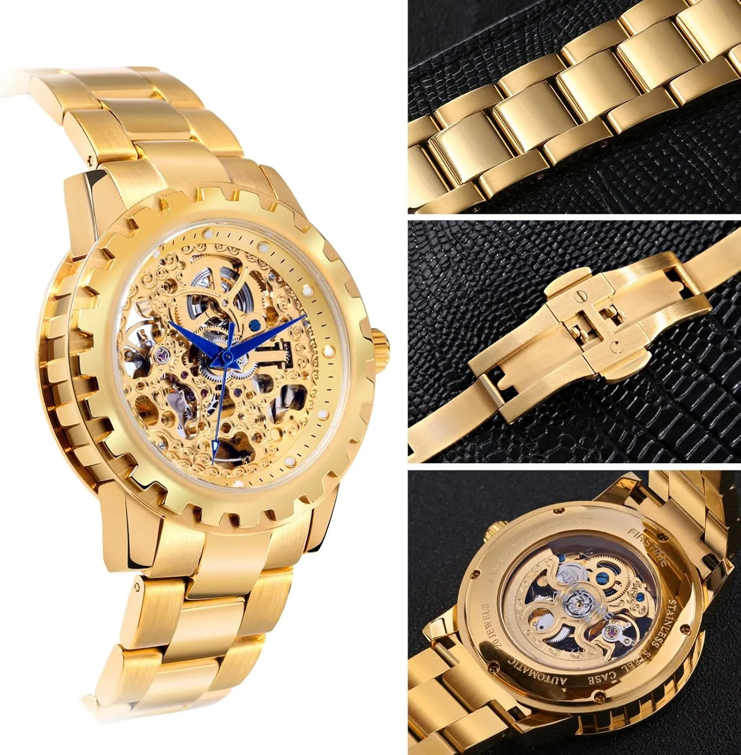 Gold Watches for Men Automatic Men's Wristwatch Skeleton predominant reorganize Luxury Dress Mechanical Mens Watch Exhibition Back Cover Luminous Hour Marker Waterproof BERNY 