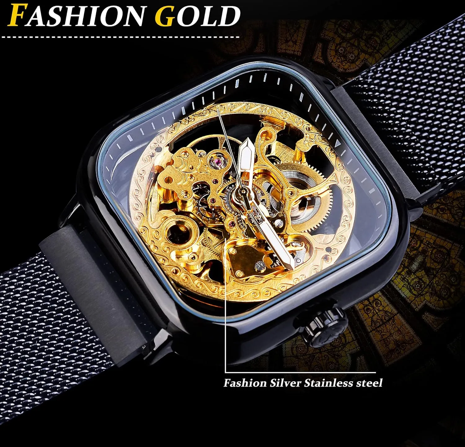 Golden for Mens Skeleton Watches with Stainless Steel Transparent Dial with Royal Flower porous stair ethical impregnate multicellular Movement Carving FORSINING Automatic Watches Mechanical Wrist Watch 