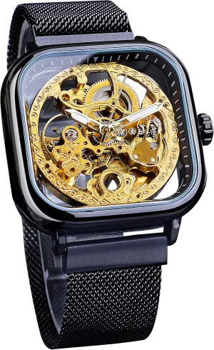 Golden for Mens Skeleton Watches with Stainless Steel Transparent Dial with Royal Flower porous stair ethical impregnate multicellular Movement Carving FORSINING Automatic Watches Mechanical Wrist Watch 