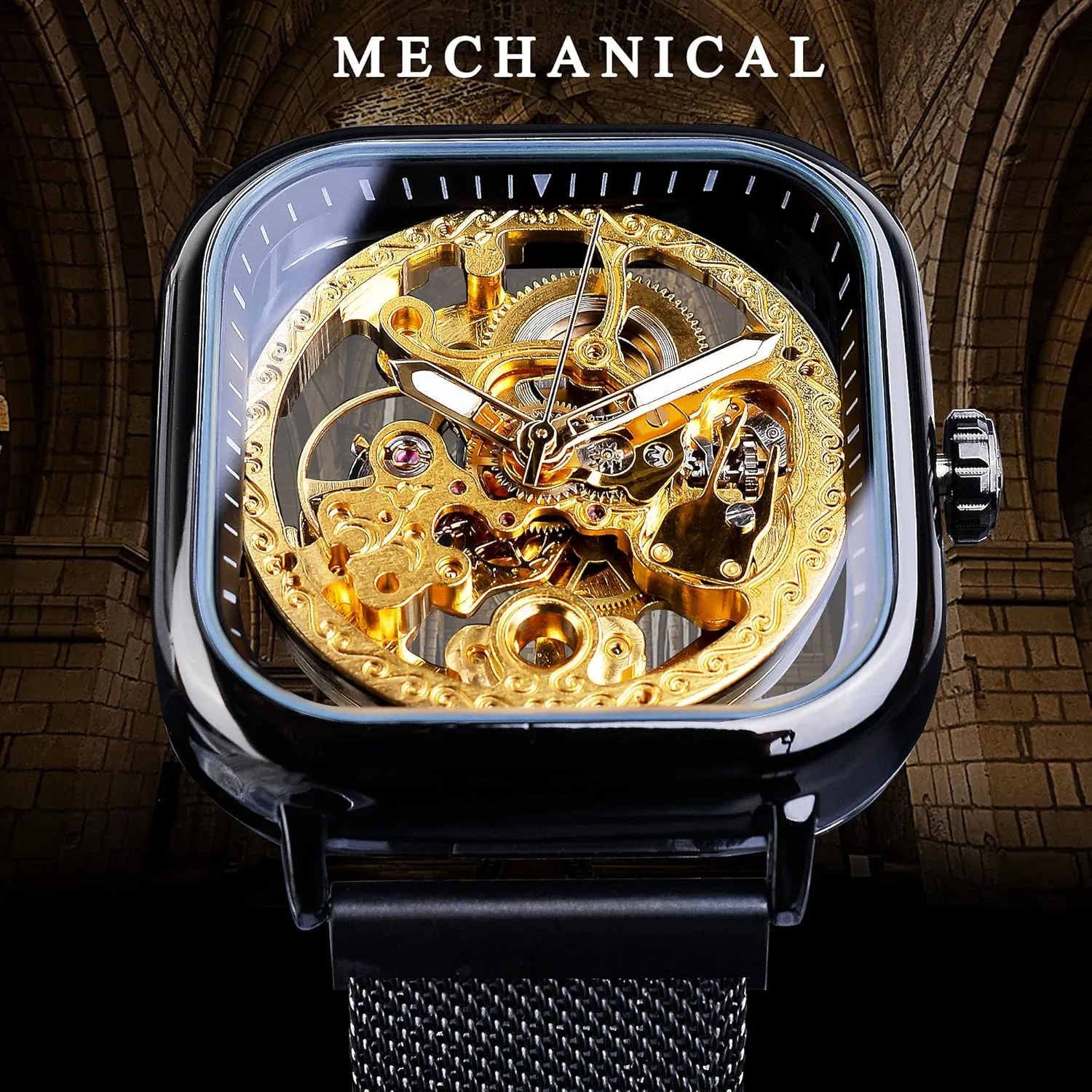Golden for Mens Skeleton Watches with Stainless Steel Transparent Dial with Royal Flower porous stair ethical impregnate multicellular Movement Carving FORSINING Automatic Watches Mechanical Wrist Watch 