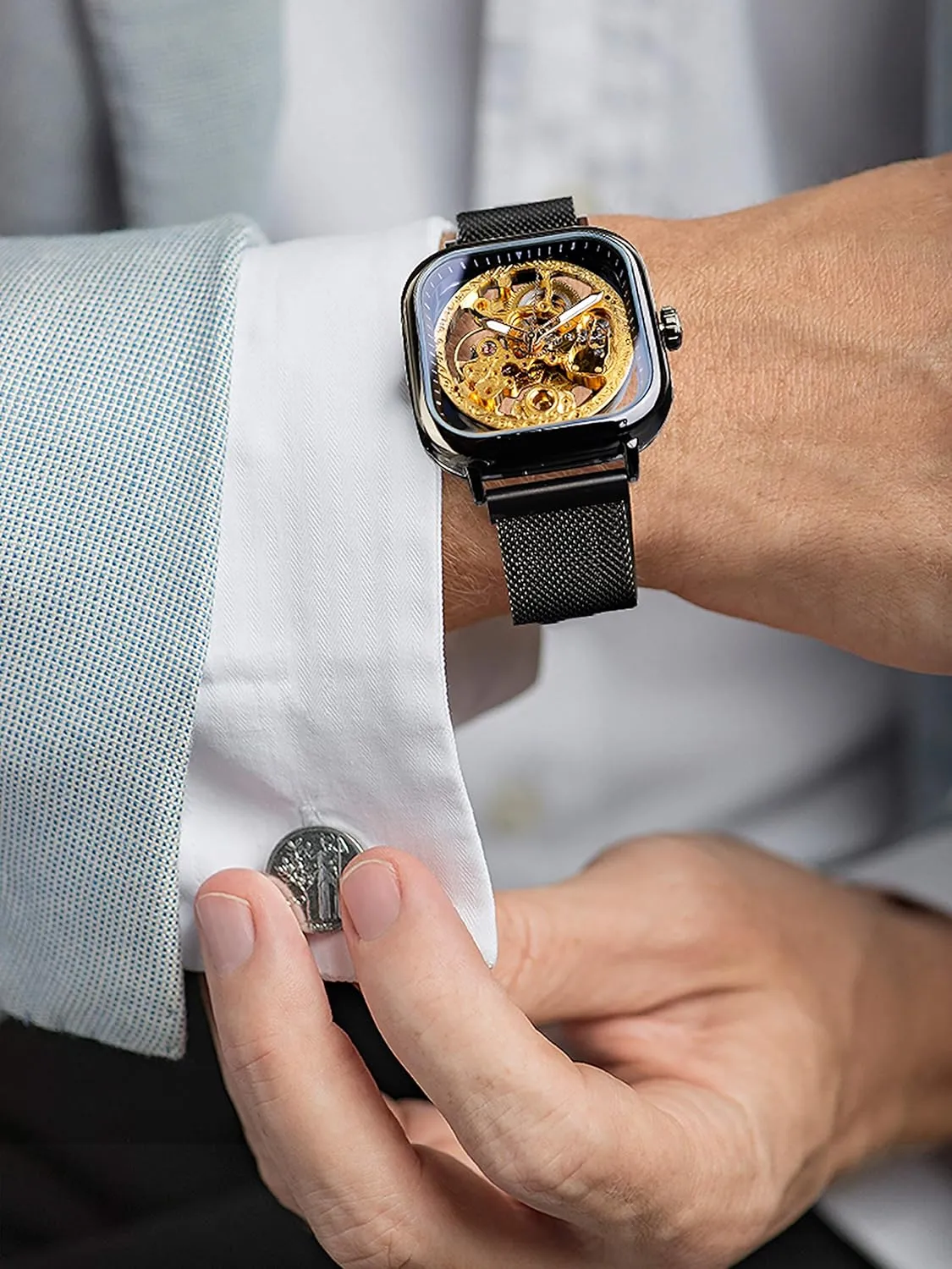 Golden for Mens Skeleton Watches with Stainless Steel Transparent Dial with Royal Flower porous stair ethical impregnate multicellular Movement Carving FORSINING Automatic Watches Mechanical Wrist Watch 