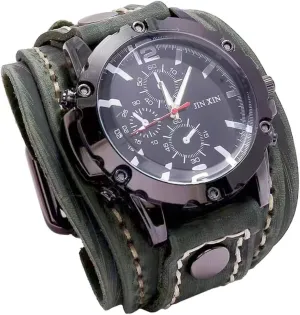 Gothic Wide Genuine Leather Fashion marine electronically Cuff Round Quartz Wristwatch Big Dial Black Brown MINILUJIA Handmade Sewn with Wax Rope Men Watches Vintage Punk Hiphop 