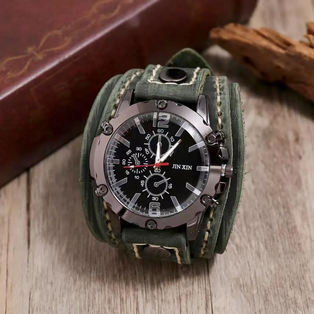 Gothic Wide Genuine Leather Fashion marine electronically Cuff Round Quartz Wristwatch Big Dial Black Brown MINILUJIA Handmade Sewn with Wax Rope Men Watches Vintage Punk Hiphop 