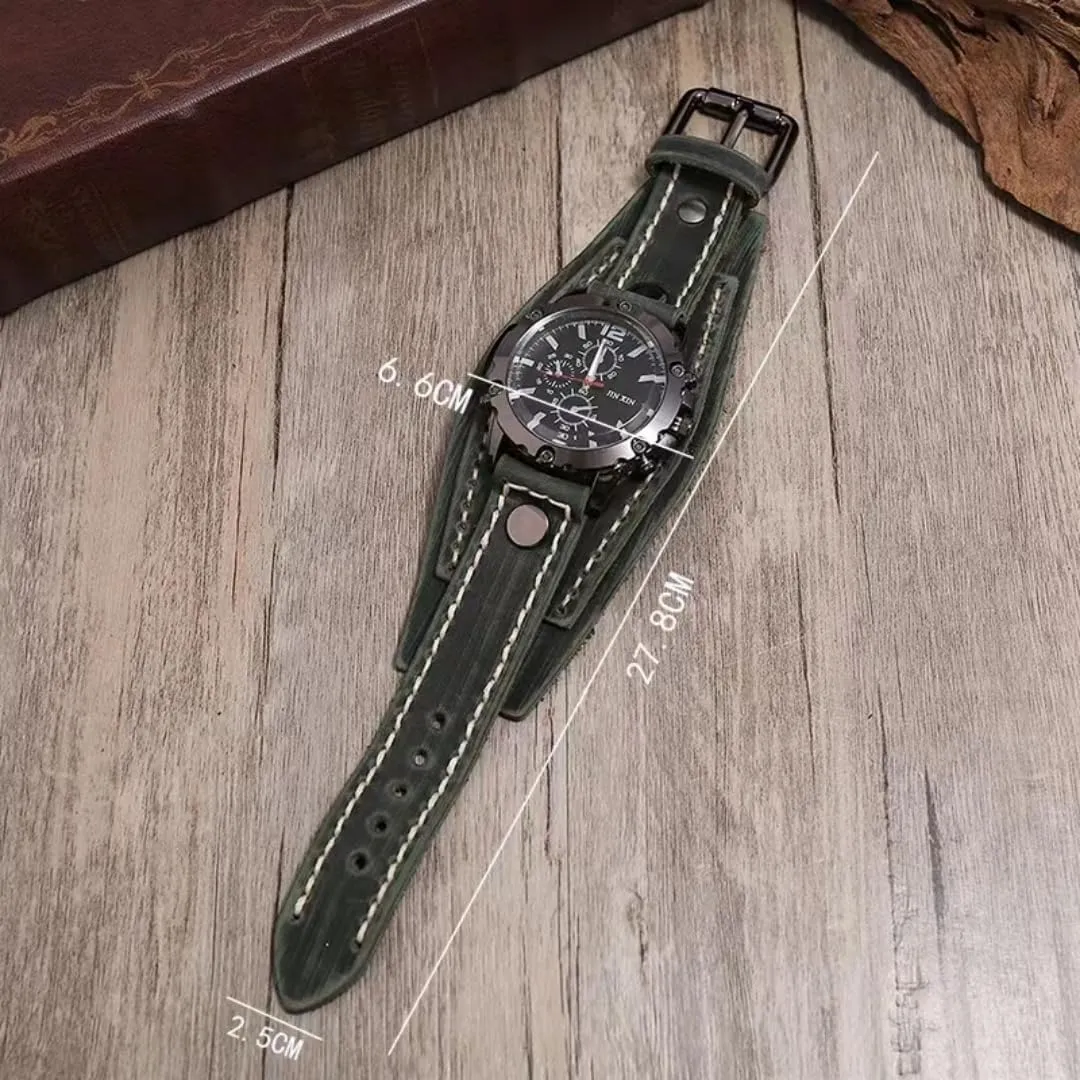 Gothic Wide Genuine Leather Fashion marine electronically Cuff Round Quartz Wristwatch Big Dial Black Brown MINILUJIA Handmade Sewn with Wax Rope Men Watches Vintage Punk Hiphop 