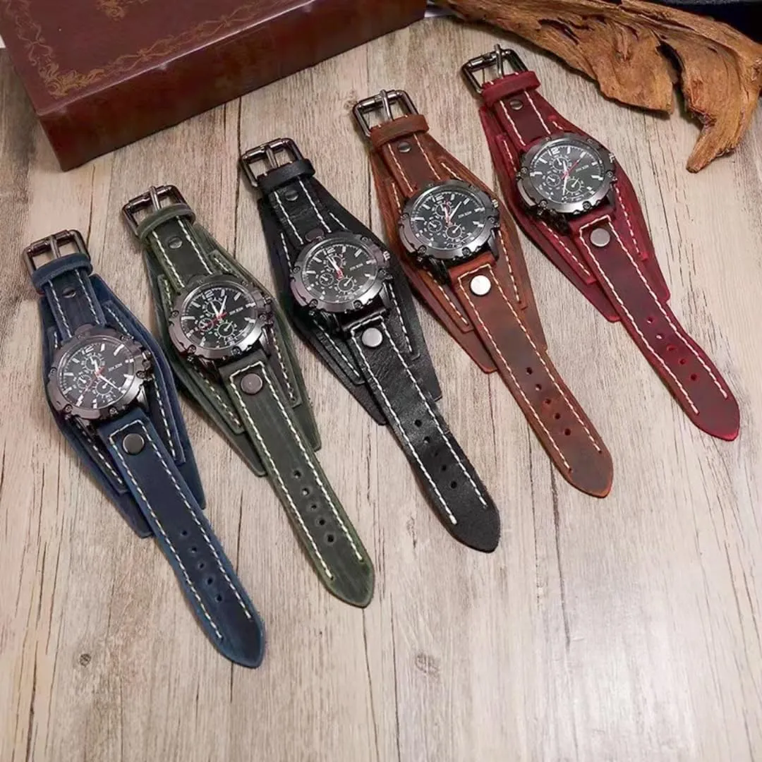 Gothic Wide Genuine Leather Fashion marine electronically Cuff Round Quartz Wristwatch Big Dial Black Brown MINILUJIA Handmade Sewn with Wax Rope Men Watches Vintage Punk Hiphop 