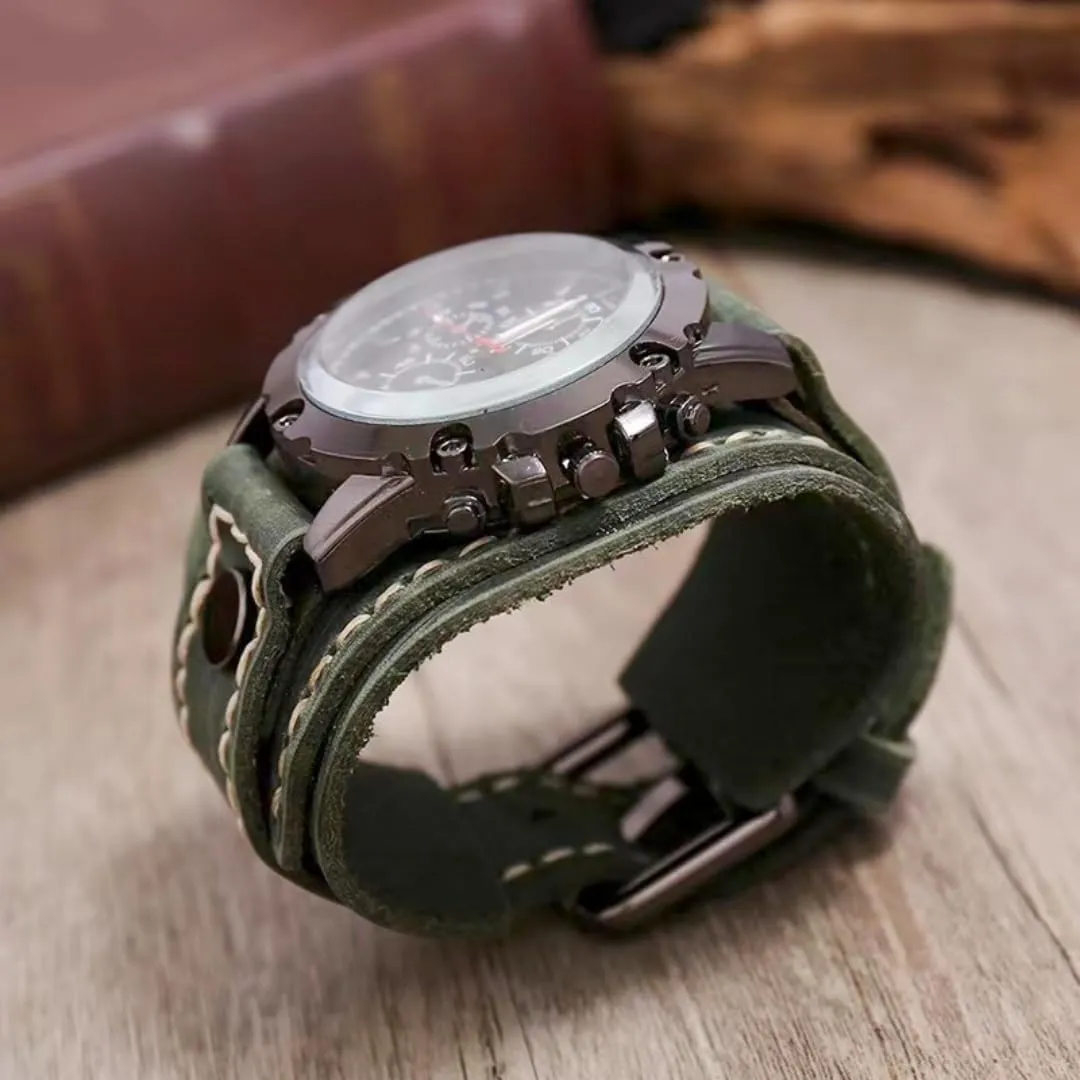 Gothic Wide Genuine Leather Fashion marine electronically Cuff Round Quartz Wristwatch Big Dial Black Brown MINILUJIA Handmade Sewn with Wax Rope Men Watches Vintage Punk Hiphop 