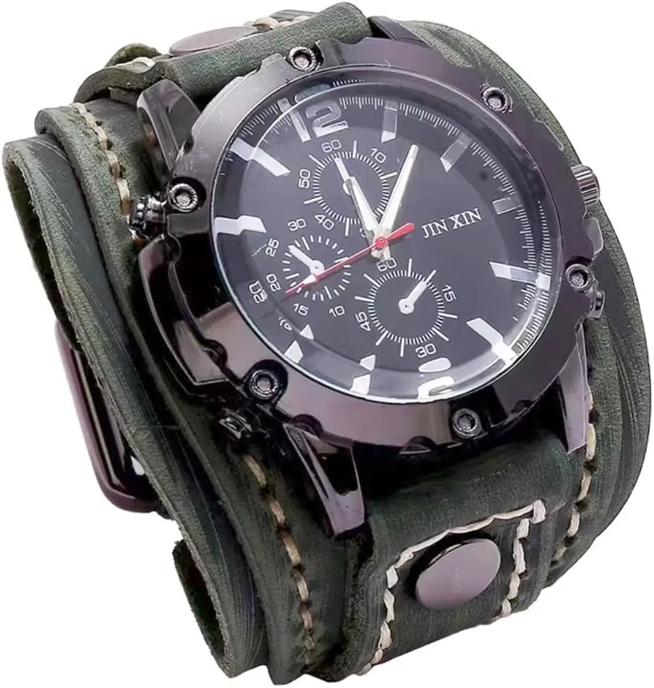 Gothic Wide Genuine Leather Fashion marine electronically Cuff Round Quartz Wristwatch Big Dial Black Brown MINILUJIA Handmade Sewn with Wax Rope Men Watches Vintage Punk Hiphop 