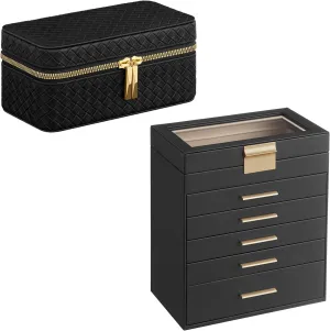 Graphite Black and Ink Black UJBC171B01 neutrality sundial blade and UJWB017B01 SONGMICS Jewelry Box with Glass Lid Bundle with 3 Watch Travel Case, Jewelry Storage, Woven Embossed PU Leather, Gift Idea, 