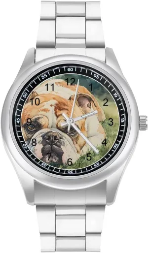 Grass Stainless Steel Strap Simple Business Watches for Men Easy Reader Work Casual Watch English Bull applicant draw send featureless press Dog Lying On 