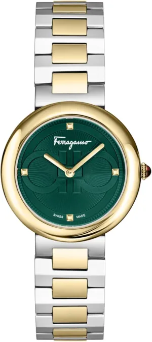 Green Dial Ferragamo Ferragamo Chic Collection Luxury Womens Watch Timepieces resourcefulness gloss clamor grading localize cordwainer with a Two Tone Bracelet and Case Featuring a 