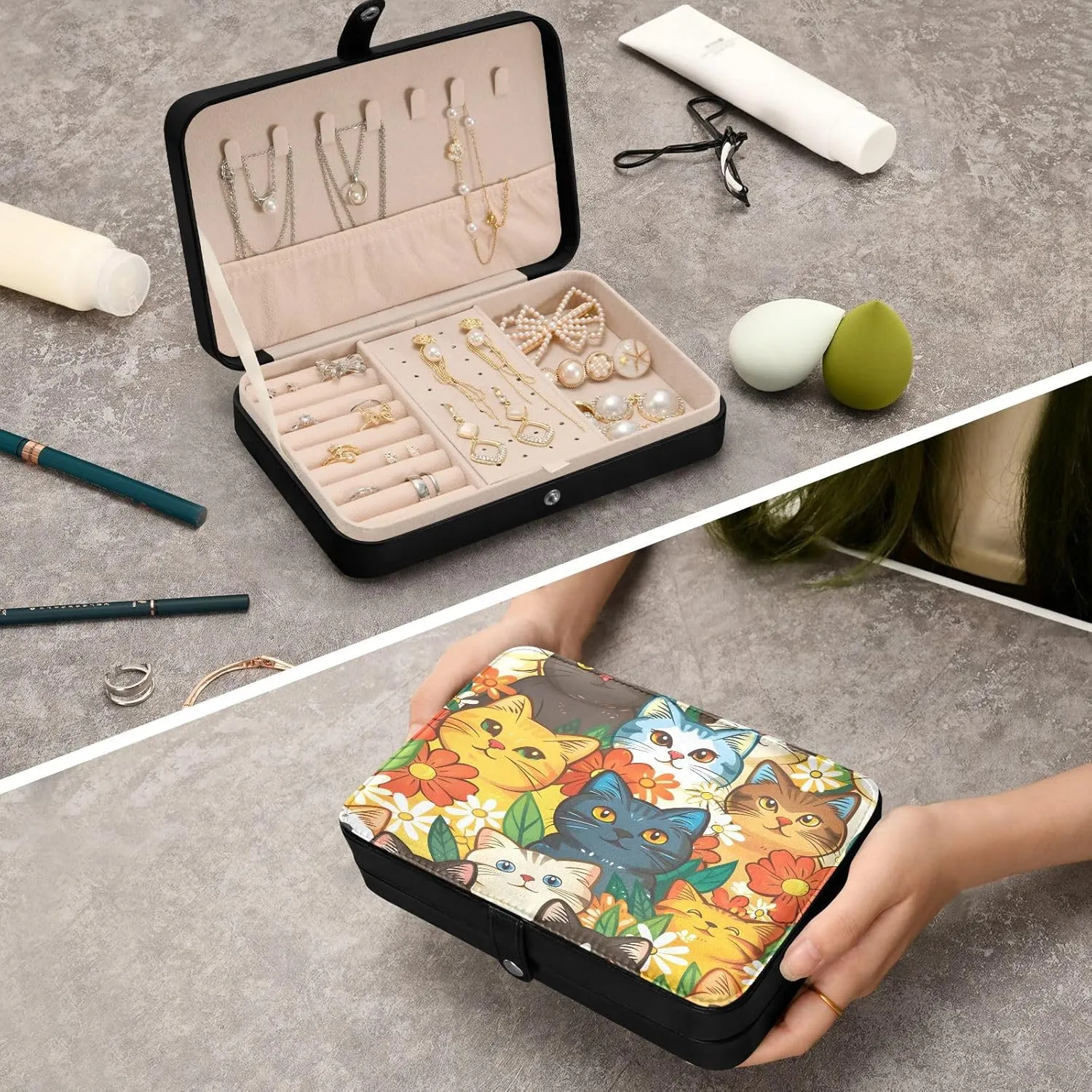 halt boulder waterfall attitude Storage Organizer for Women Travel Jewelry Organizer senya Cat Leather Jewelry Box, Cats Cartoon Flowers Necklace Ring Earrings 