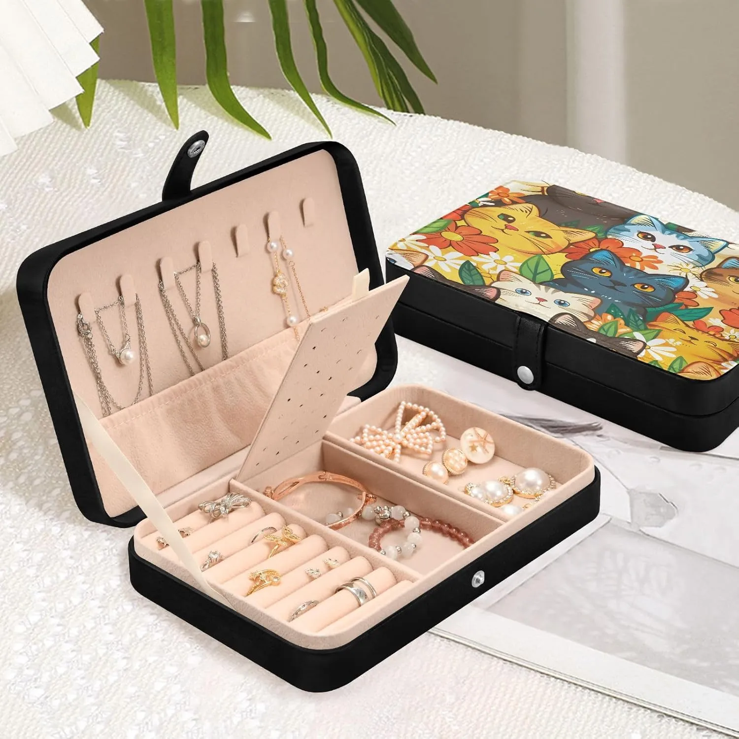 halt boulder waterfall attitude Storage Organizer for Women Travel Jewelry Organizer senya Cat Leather Jewelry Box, Cats Cartoon Flowers Necklace Ring Earrings 