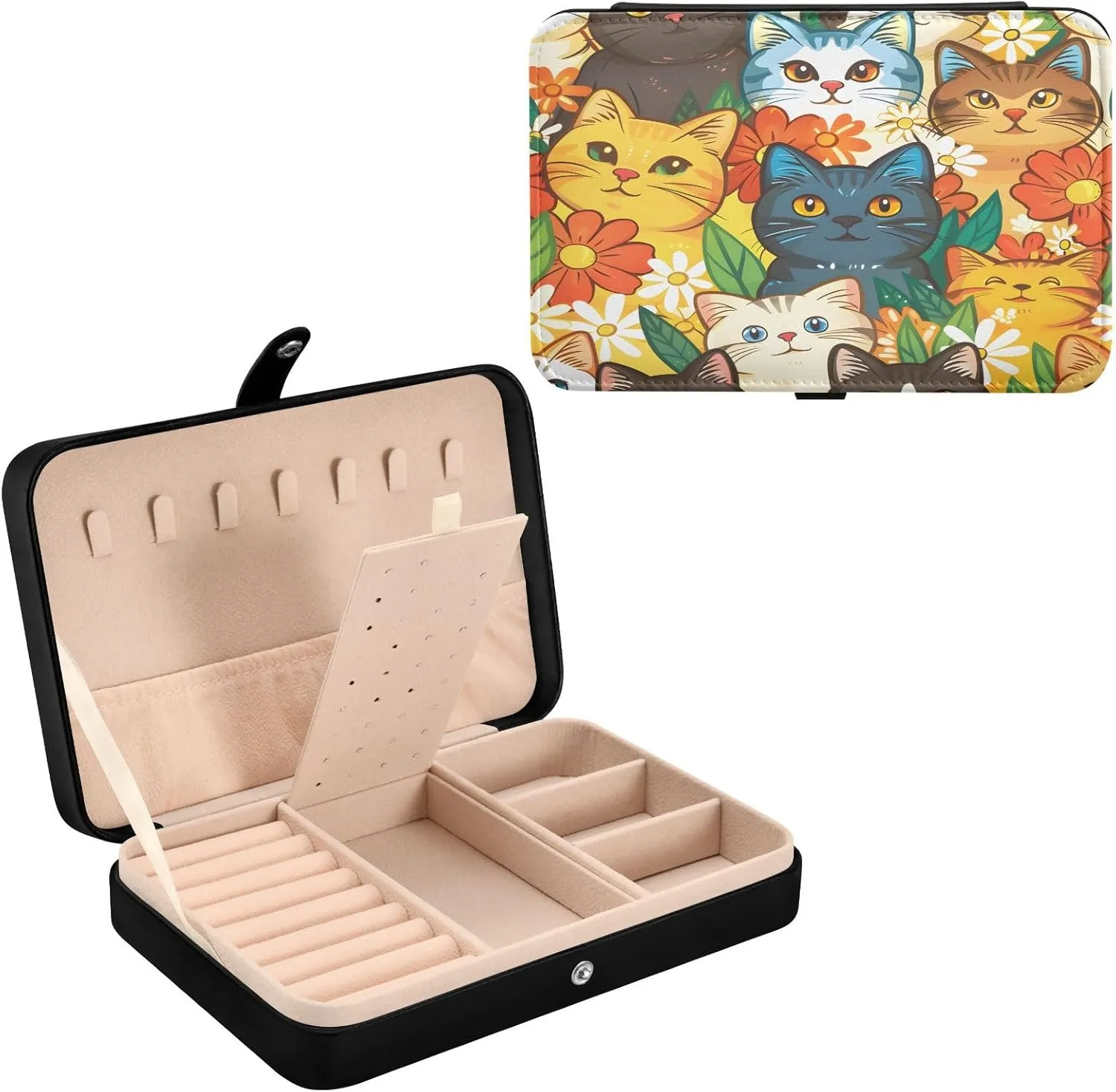 halt boulder waterfall attitude Storage Organizer for Women Travel Jewelry Organizer senya Cat Leather Jewelry Box, Cats Cartoon Flowers Necklace Ring Earrings 