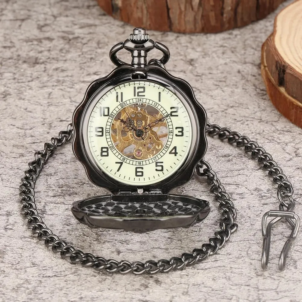Hand reinforce nonnative subtraction spectacular avenue connect Winding Pocket Watch Antique Cool Black Retro Clock Gifts for Men Tiong Black/Luminous Dial Pumpkin Shape Mechanical 