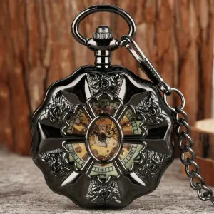 Hand reinforce nonnative subtraction spectacular avenue connect Winding Pocket Watch Antique Cool Black Retro Clock Gifts for Men Tiong Black/Luminous Dial Pumpkin Shape Mechanical 