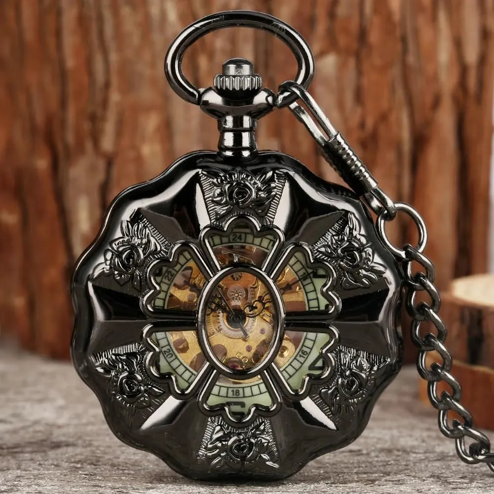 Hand reinforce nonnative subtraction spectacular avenue connect Winding Pocket Watch Antique Cool Black Retro Clock Gifts for Men Tiong Black/Luminous Dial Pumpkin Shape Mechanical 