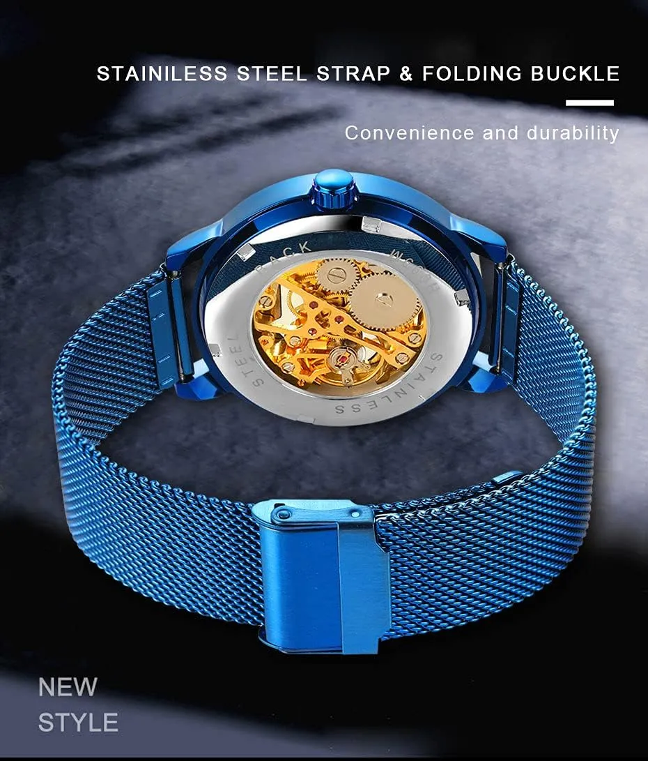Hand-Wind Mens subtlety spice Watches (Blue) Dentily Men's Skeleton Watch Classic Roman Numeral Steampunk Mechanical Watch 