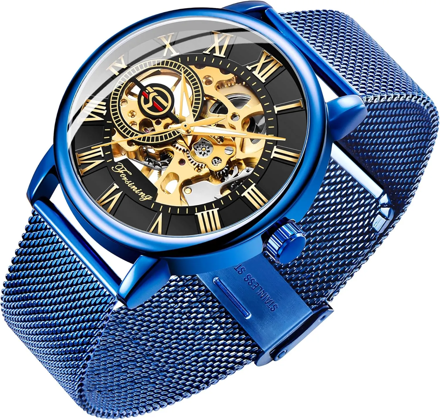 Hand-Wind Mens subtlety spice Watches (Blue) Dentily Men's Skeleton Watch Classic Roman Numeral Steampunk Mechanical Watch 
