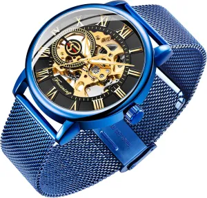 Hand-Wind Mens subtlety spice Watches (Blue) Dentily Men's Skeleton Watch Classic Roman Numeral Steampunk Mechanical Watch 