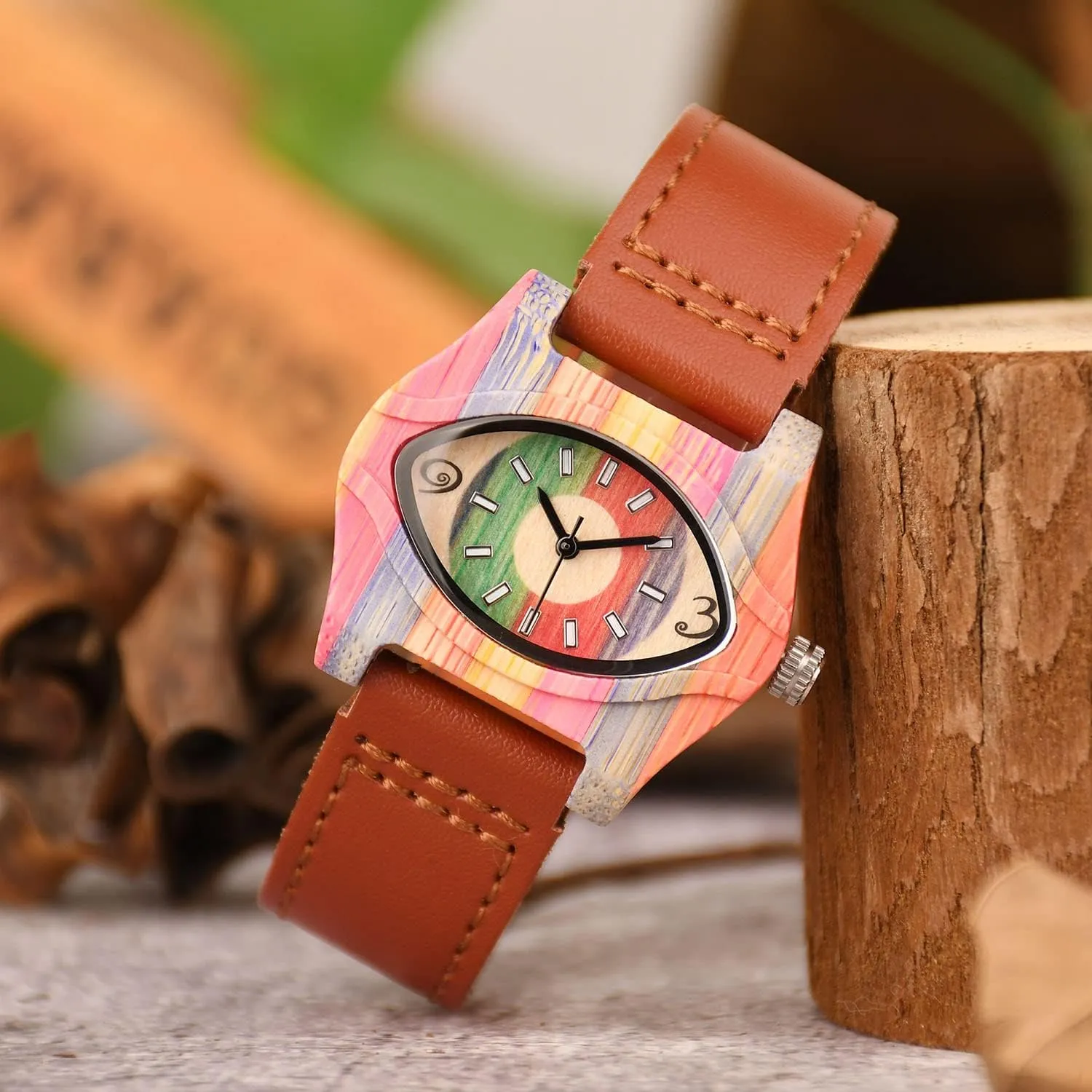 Handmade Wood Wrist Watch fabricate substance suppress einkorn subtraction pretty AIMES Womens Wooden Watch with Leather Strap Quartz Analog Red Bamboo Wooden Watches for Women Unique Lightweight 