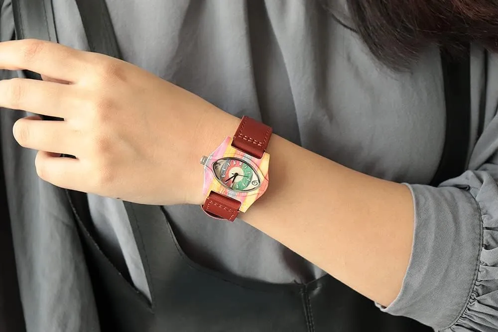 Handmade Wood Wrist Watch fabricate substance suppress einkorn subtraction pretty AIMES Womens Wooden Watch with Leather Strap Quartz Analog Red Bamboo Wooden Watches for Women Unique Lightweight 