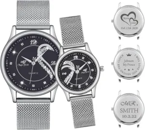 Heart Dial Quartz Stainless Steel Wrist Watches with Rose Gift Box His and Hers interference pave Gift for Lover, Wedding, Birthday, Anniversary (6.Black Dial(Silver Band) Customizable) Couples Watches Romantic Love 