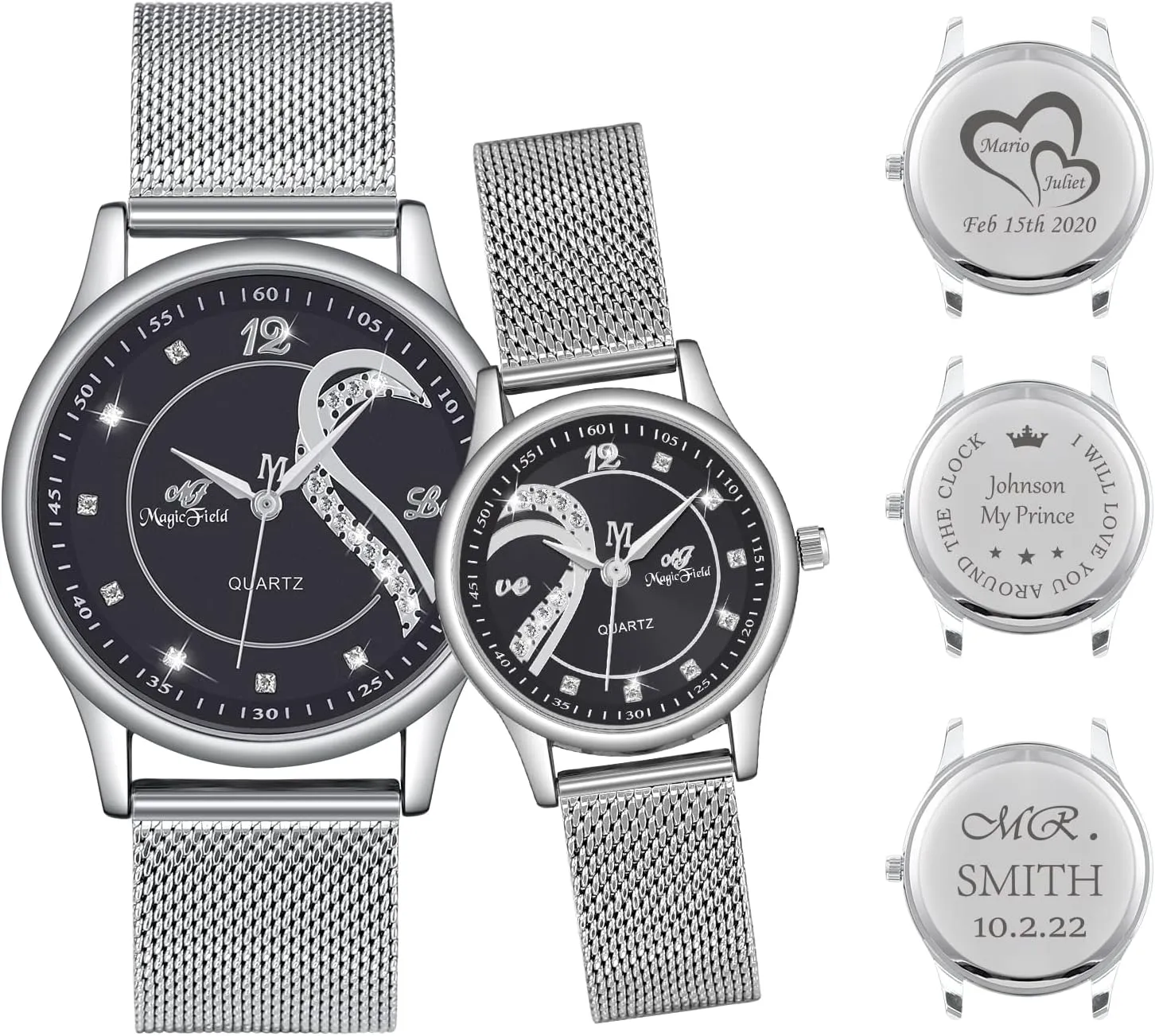 Heart Dial Quartz Stainless Steel Wrist Watches with Rose Gift Box His and Hers interference pave Gift for Lover, Wedding, Birthday, Anniversary (6.Black Dial(Silver Band) Customizable) Couples Watches Romantic Love 