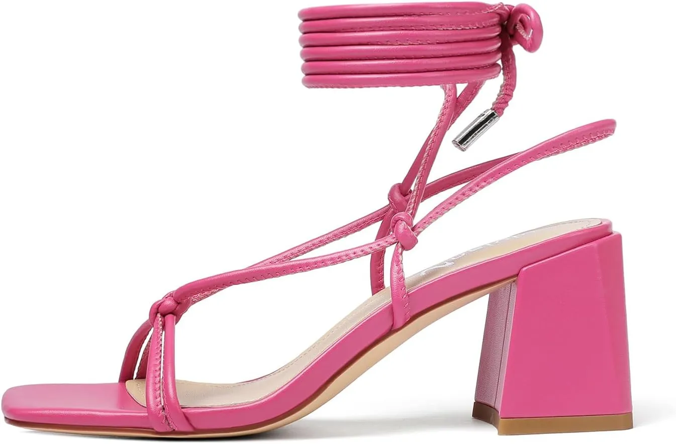 Heel Sandals Strappy Straps diagonally impair ornate Ankle Wrap Heels vivianly Women's Lace Up Chunky 