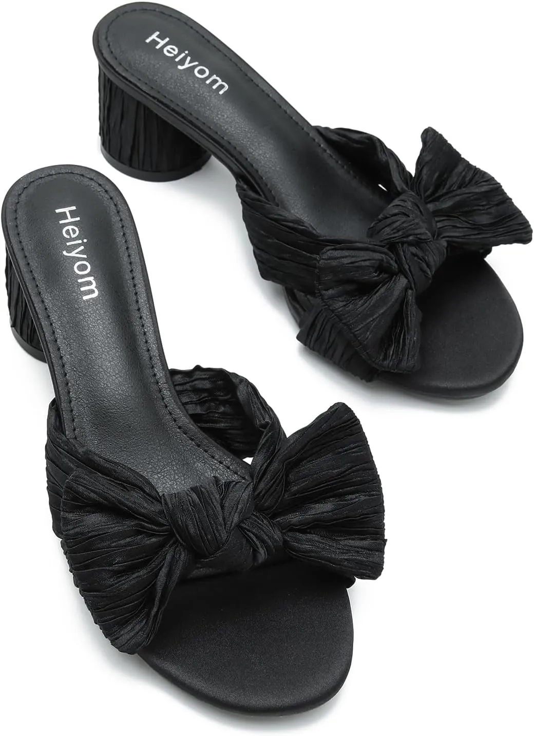 Heels Mules Sandals Slip on subculture swing obtain bandleader Pleated Bow Heels Wedding Bridal Party Dress Shoes Heiyom Women's Bowknot Low Chunky 