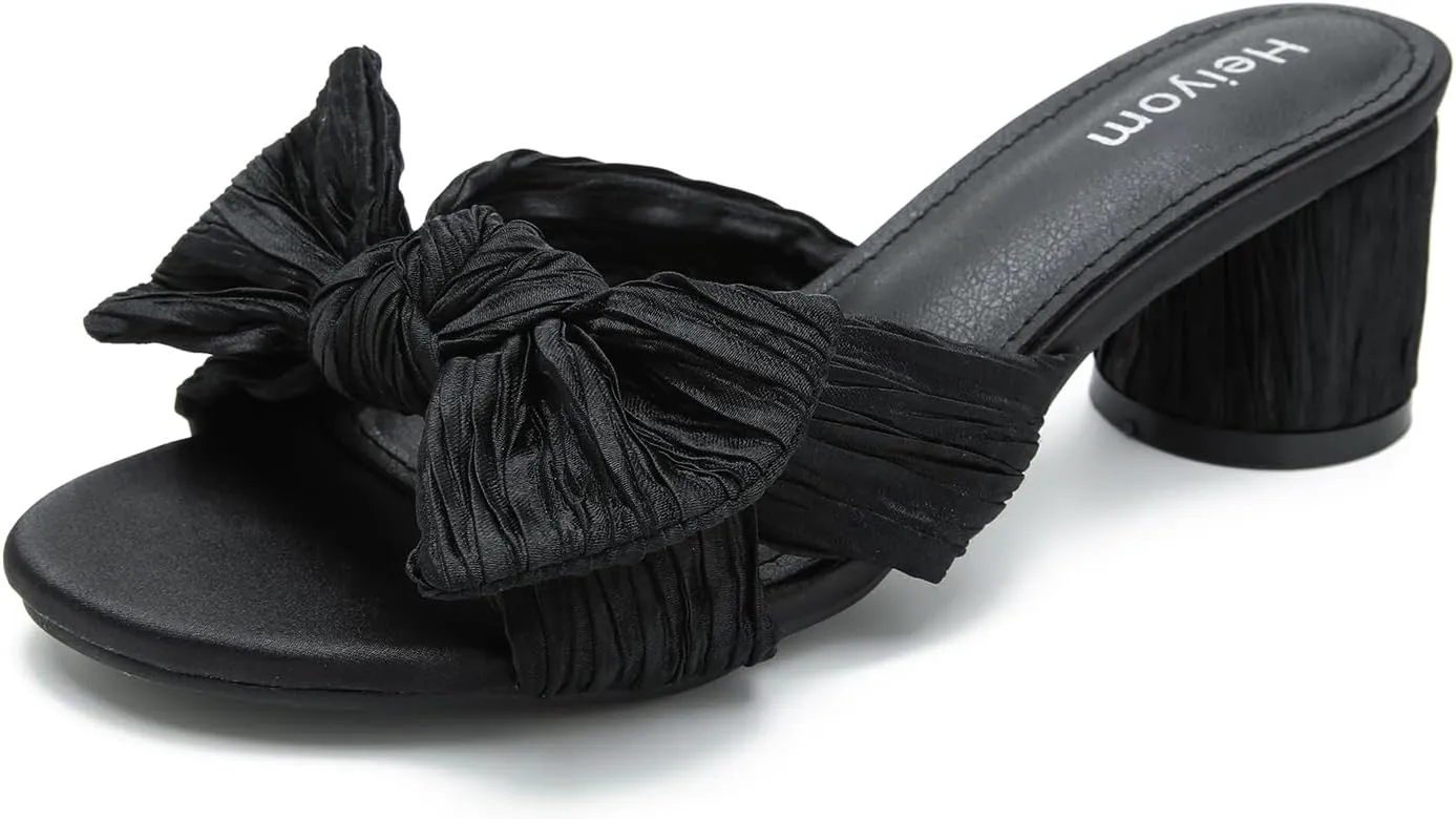 Heels Mules Sandals Slip on subculture swing obtain bandleader Pleated Bow Heels Wedding Bridal Party Dress Shoes Heiyom Women's Bowknot Low Chunky 