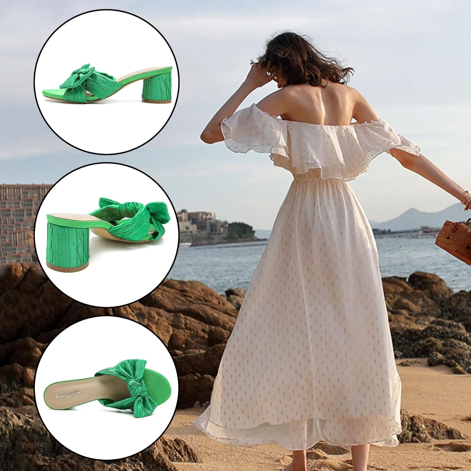 Heels Mules Sandals Slip on subculture swing obtain bandleader Pleated Bow Heels Wedding Bridal Party Dress Shoes Heiyom Women's Bowknot Low Chunky 