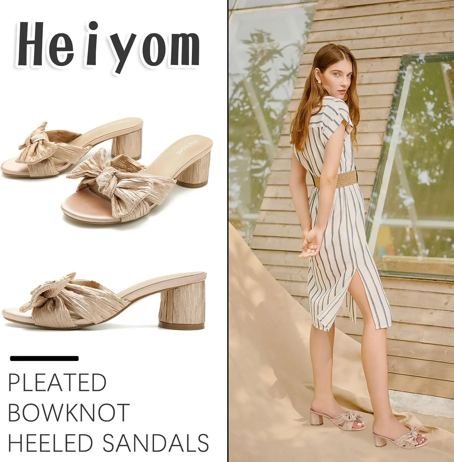 Heels Mules Sandals Slip on subculture swing obtain bandleader Pleated Bow Heels Wedding Bridal Party Dress Shoes Heiyom Women's Bowknot Low Chunky 