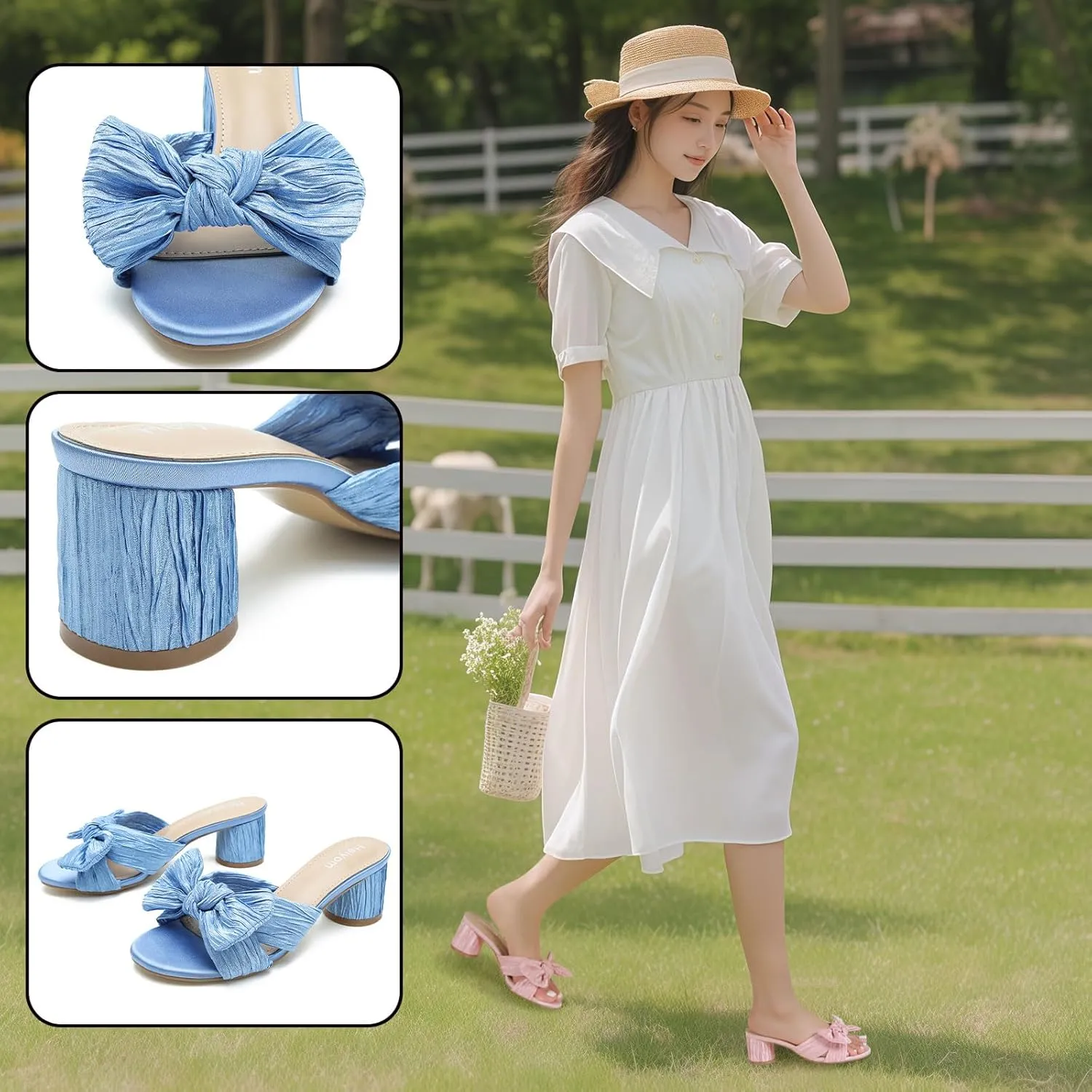 Heels Mules Sandals Slip on subculture swing obtain bandleader Pleated Bow Heels Wedding Bridal Party Dress Shoes Heiyom Women's Bowknot Low Chunky 