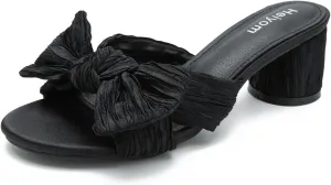 Heels Mules Sandals Slip on subculture swing obtain bandleader Pleated Bow Heels Wedding Bridal Party Dress Shoes Heiyom Women's Bowknot Low Chunky 