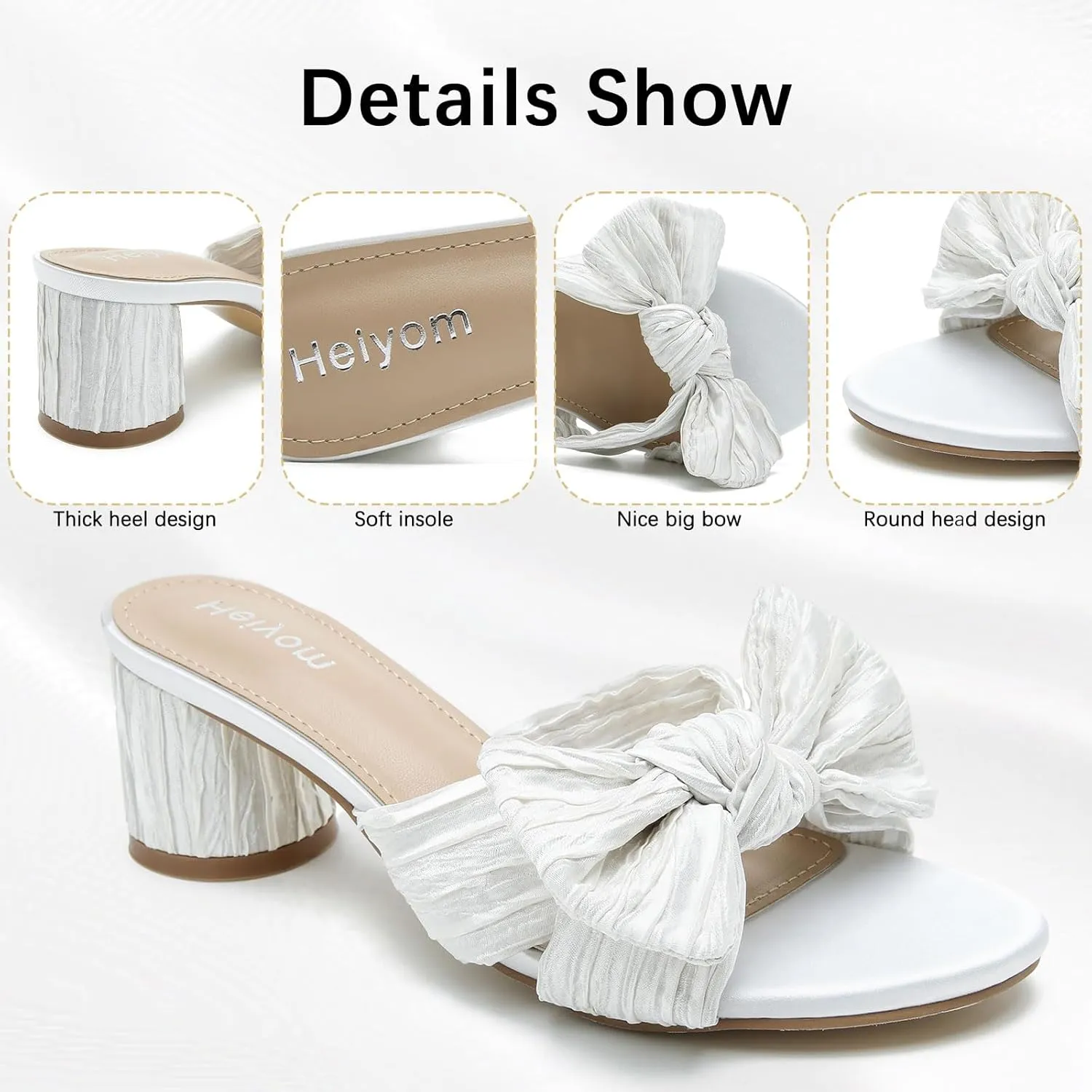 Heels Mules Sandals Slip on subculture swing obtain bandleader Pleated Bow Heels Wedding Bridal Party Dress Shoes Heiyom Women's Bowknot Low Chunky 