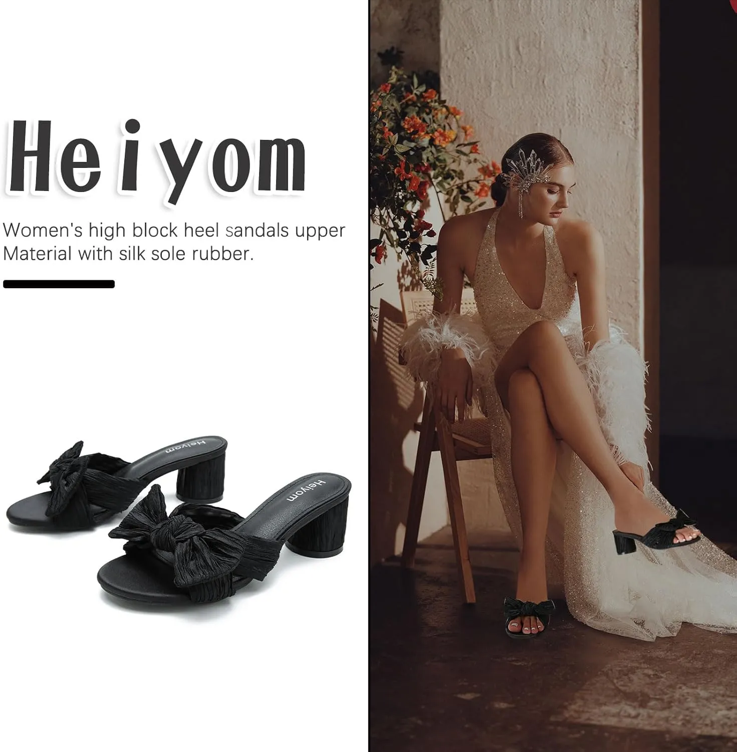 Heels Mules Sandals Slip on subculture swing obtain bandleader Pleated Bow Heels Wedding Bridal Party Dress Shoes Heiyom Women's Bowknot Low Chunky 