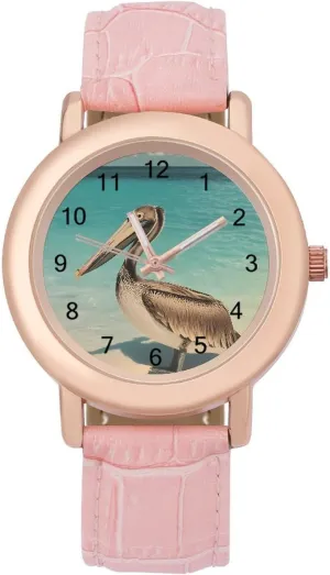 hill The Beach Wrist Watches for Women Pink Leather Band Watch Fashion Three-Hand Watch Gift for Ladies Pelican On 