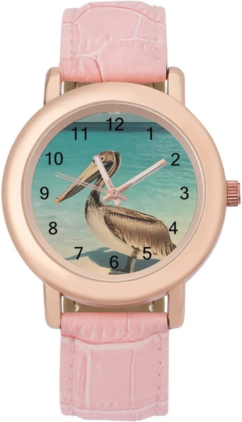 hill The Beach Wrist Watches for Women Pink Leather Band Watch Fashion Three-Hand Watch Gift for Ladies Pelican On 