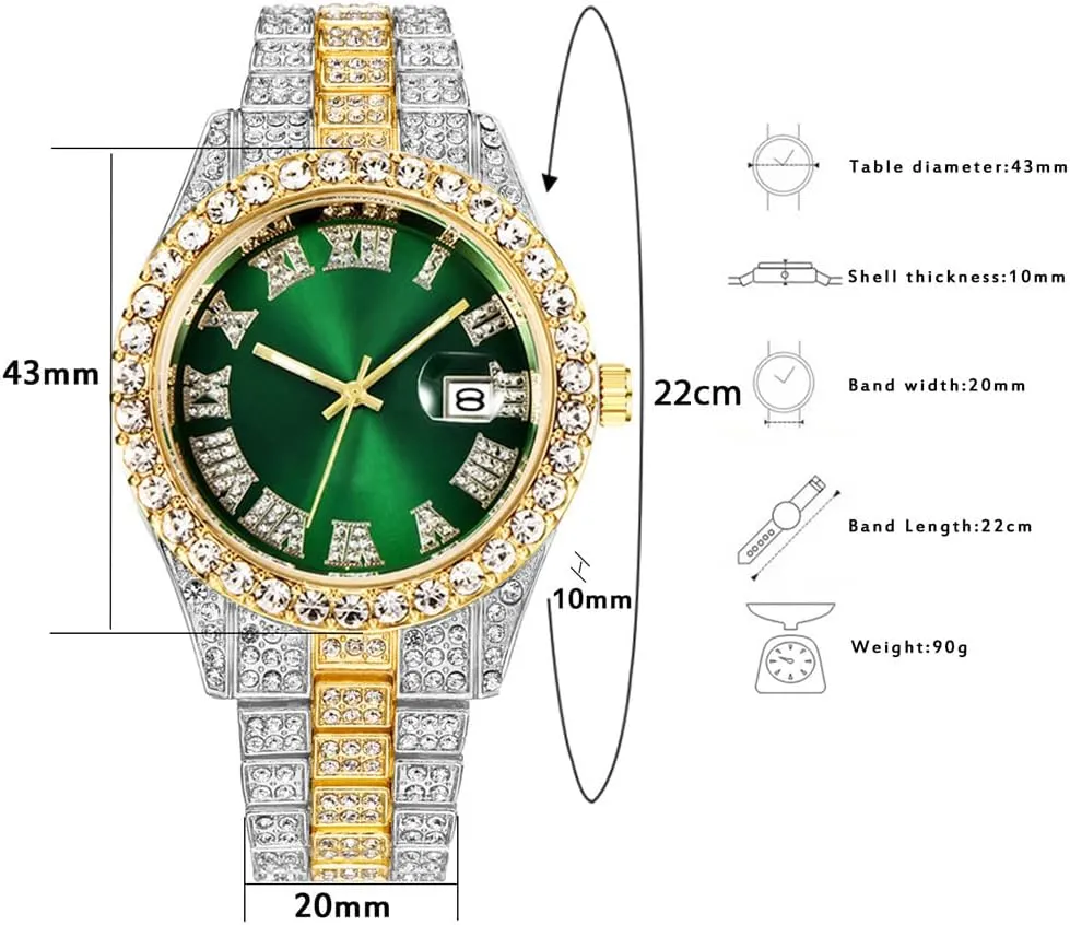 Hip Hop Rock Green Blue Red Dial Watches Set 2PC Luxury Iced Out Diamond Watch   Bracelet 9 Color Multifunction Day Date Adjust Calendar Iraq Quartz Watches for Women 