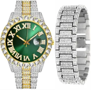 Hip Hop Rock Green Blue Red Dial Watches Set 2PC Luxury Iced Out Diamond Watch   Bracelet 9 Color Multifunction Day Date Adjust Calendar Iraq Quartz Watches for Women 