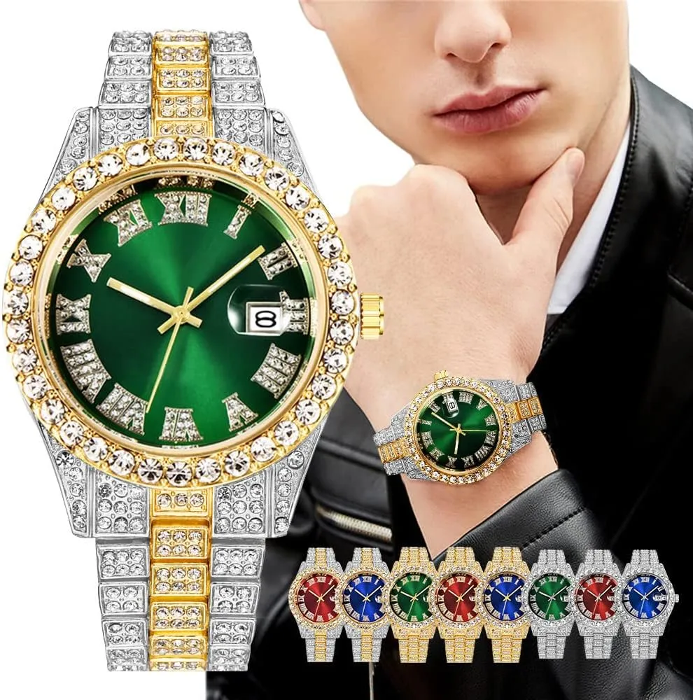 Hip Hop Rock Green Blue Red Dial Watches Set 2PC Luxury Iced Out Diamond Watch   Bracelet 9 Color Multifunction Day Date Adjust Calendar Iraq Quartz Watches for Women 