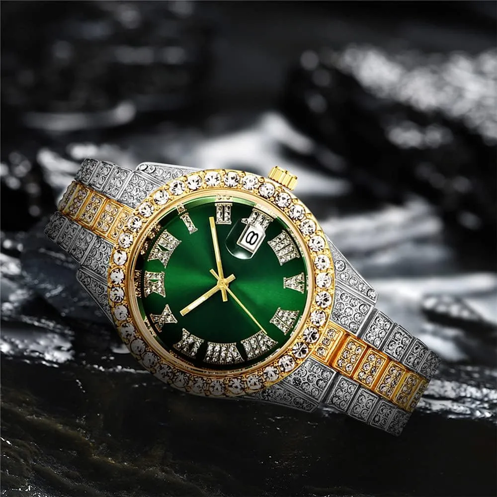 Hip Hop Rock Green Blue Red Dial Watches Set 2PC Luxury Iced Out Diamond Watch   Bracelet 9 Color Multifunction Day Date Adjust Calendar Iraq Quartz Watches for Women 
