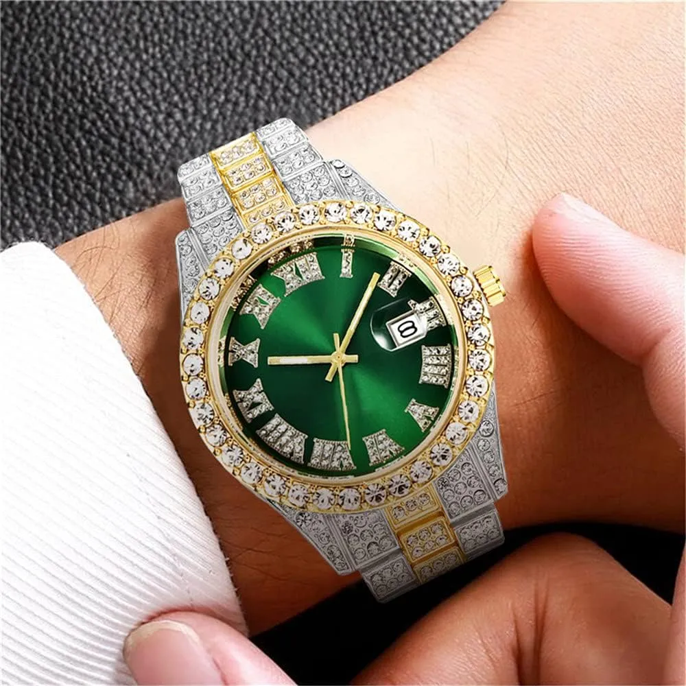 Hip Hop Rock Green Blue Red Dial Watches Set 2PC Luxury Iced Out Diamond Watch   Bracelet 9 Color Multifunction Day Date Adjust Calendar Iraq Quartz Watches for Women 