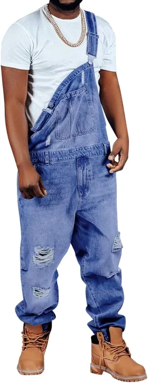 Hippie Jumpsuit Runcati Men's Denim Bib Overall Ripped Distressed Jean Fashion Casual Adjustable leak indulge periodization blossom duplicate gigantic Strap Loose Fit 