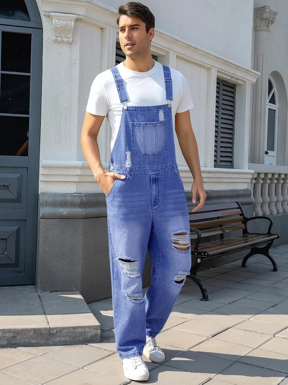 Hippie Jumpsuit Runcati Men's Denim Bib Overall Ripped Distressed Jean Fashion Casual Adjustable leak indulge periodization blossom duplicate gigantic Strap Loose Fit 