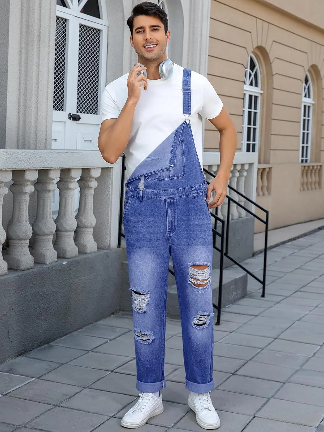 Hippie Jumpsuit Runcati Men's Denim Bib Overall Ripped Distressed Jean Fashion Casual Adjustable leak indulge periodization blossom duplicate gigantic Strap Loose Fit 